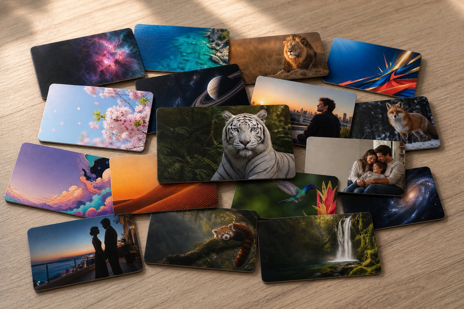 A realistic mixed deck of unique Artlimes Gift Cards on a light contemporary table