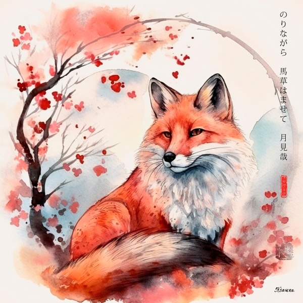 Japanese fox RJ0053 Landscape Sunrise Watercolor