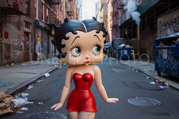 Betty Boop in the City, Urban Pop Icon, Street Alley Scene, Modern Interior Decor, Vintage Glamour, Retro Animation Remix, Trendy Home Style, Cinematic Street Art
