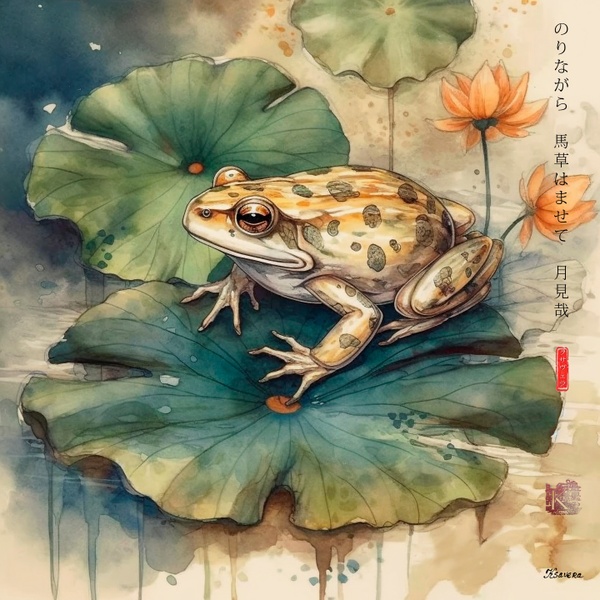 Japanese Frog RJ0060 Lotus Pond Autumn Landscape Sunset Watercolor