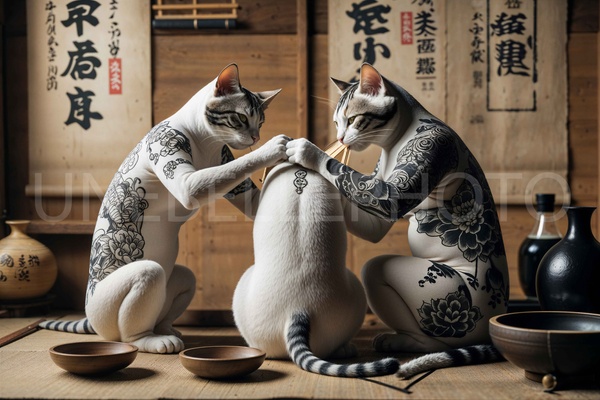 The Calligrapher's Muse: Japanese Style Cat Tattoo Wall Art -White Cat, Tattoo Art, Oriental Culture, Ink Painting, Canvas Art.