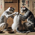 The Calligrapher's Muse: Japanese Style Cat Tattoo Wall Art -White Cat, Tattoo Art, Oriental Culture, Ink Painting, Canvas Art.