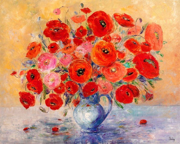 Red Poppies in a Blue Vase