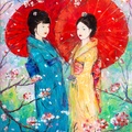 Japanese Women with Red Umbrellas