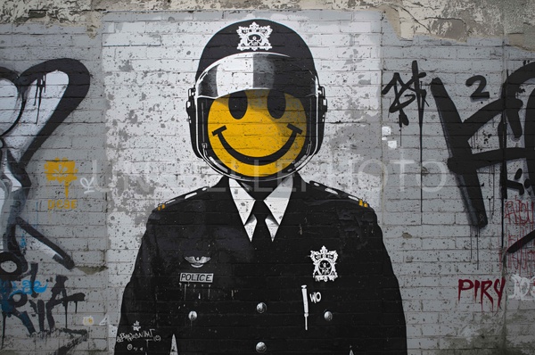 Street Art - Police Officer - Smiley Face - Urban Satire - Modern Graffiti - Riot Police - Yellow Smile - Pop Culture Art - Law Enforcement - Iconic Smiley - Stencil Style - Wall Decor