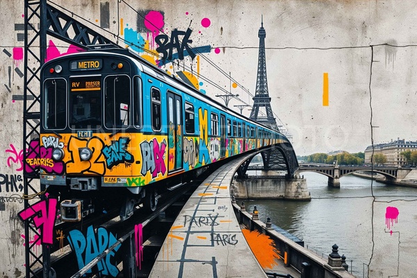 Paris Metro Street Art Wall Art, Eiffel Tower Urban Wall Décor, Graffiti Train Wall Art Print, Paris Cityscape Modern Wall Décor, Urban Graffiti Wall Art, Contemporary Street Art Wall Décor, Paris Travel Wall Art Print, Colorful City Wall Décor