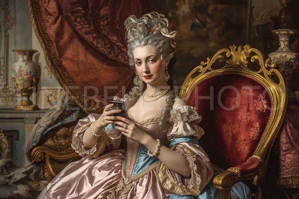 Royal Smartphone, Rococo Selfie, Digital Queen, Anachronistic Wall Decor, Versailles Connected, High Society Satire, Trendy Home Design, Neo-Classical Pop Art