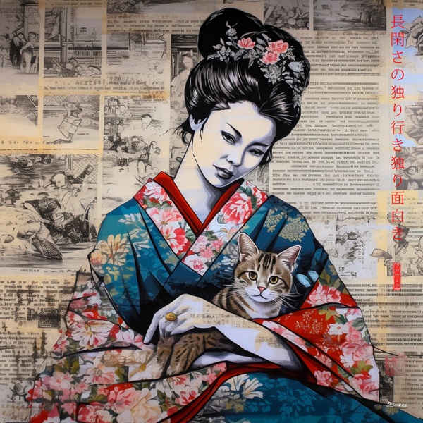 Japanese Maiko holding cat RJ0042 Geiko Geisha Portrait Typography