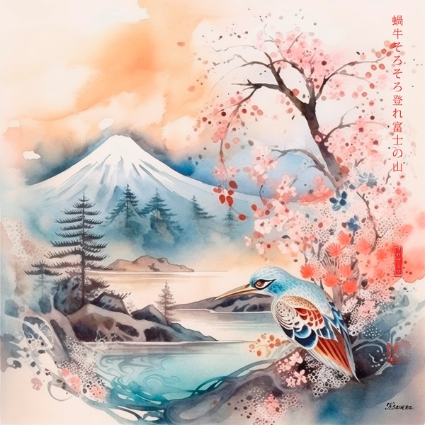 Japanese Mount Fuji RJ0083 Sakura Landscape bird river Watercolor