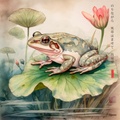 Japanese Frog RJ0062 Lotus Pond Autumn Landscape Sunset Watercolor