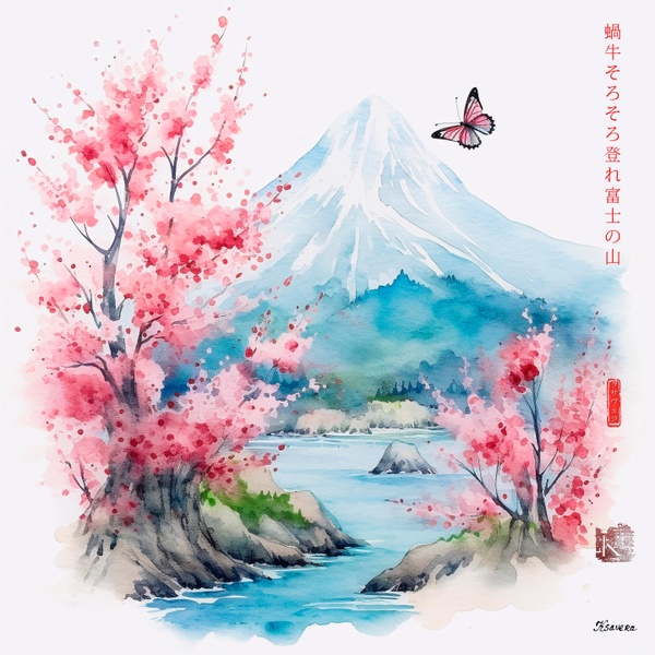 Japanese Butterfly RJ0093 Sakura Landscape Fog Mount Fuji Watercolor