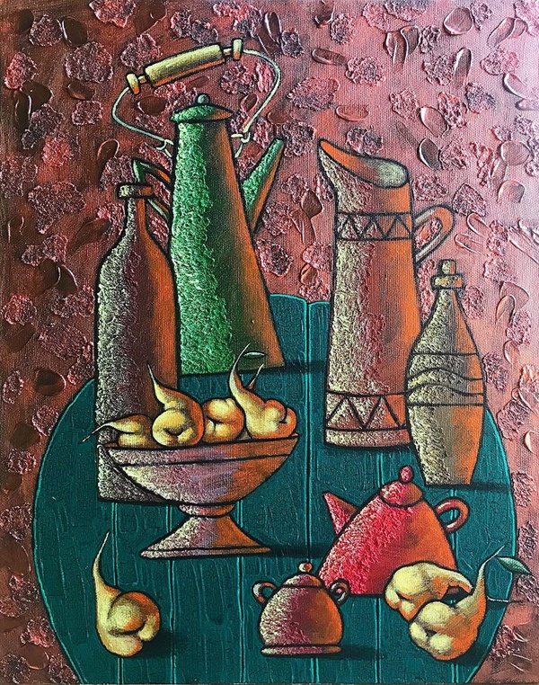 Still life. Green table. Canvas, Acrylic, Oil, Texture paste