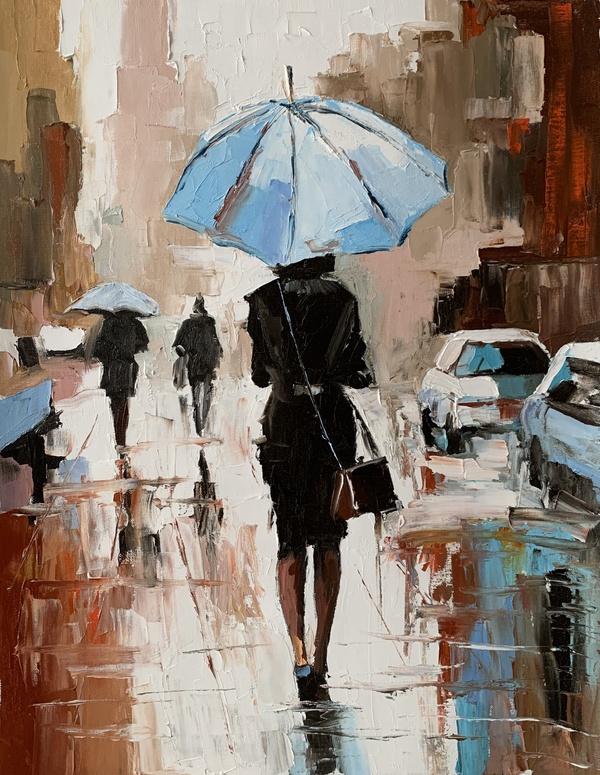 Woman with Umbrella in a Rainy City