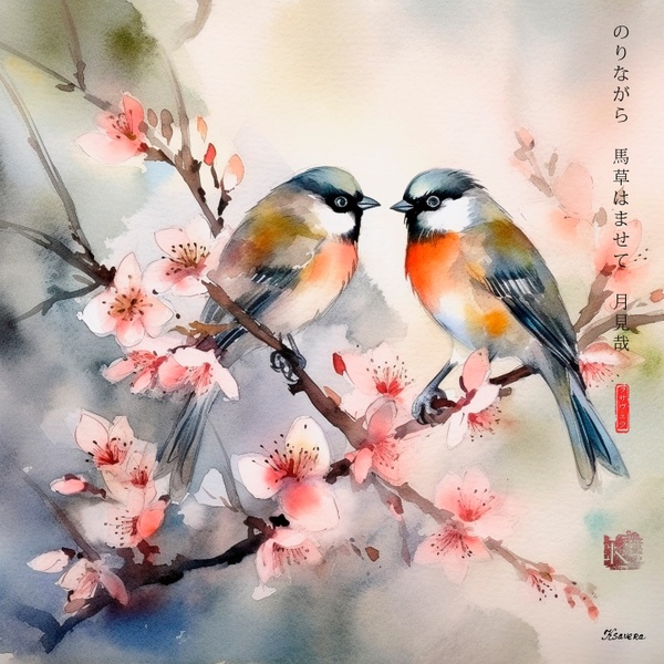 Japanese Love Birds RJ0067 Sakura Brunch Spring Landscape Sunrise Watercolor