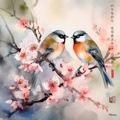 Japanese Love Birds RJ0067 Sakura Brunch Spring Landscape Sunrise Watercolor