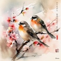 Japanese Love Birds RJ0070 Sakura Brunch Spring Landscape Sunrise Watercolor