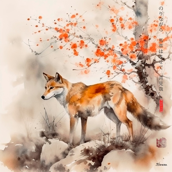 Japanese Fox RJ0058 Autumn Landscape Sunset Watercolor