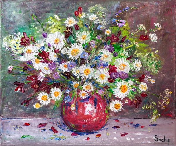 Bouquet of Forest Flowers in a Red Vase