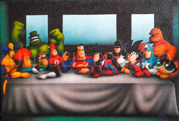 The Heroic Last Supper, Pop Culture Crossover Banquet, The Ultimate Super Feast, Legends at the Table, Multiverse Dinner Party, Modern Icon Canvas Art, The Superhero Assembly, Pop Art Masterpiece: The Gathering, Iconic Heroes Last Supper, The Justice Banquet.