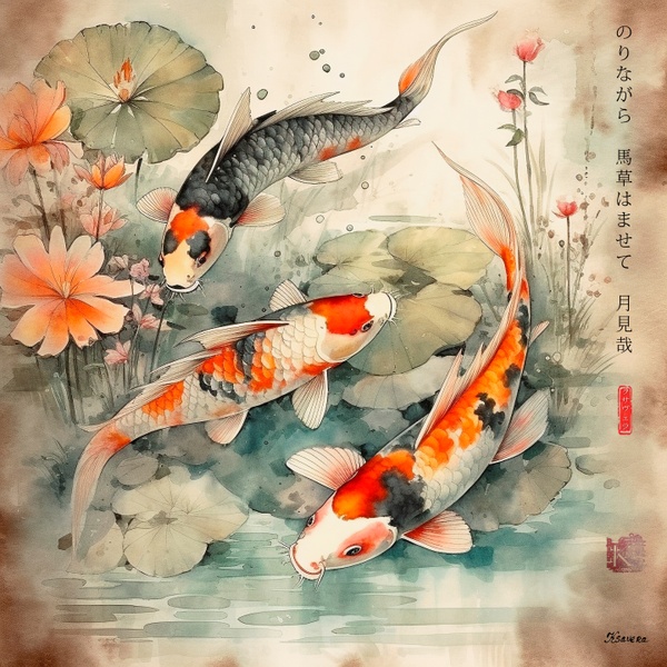 Japanese Koi Fishes RJ0063 Lotus Pond Autumn Landscape Sunset Watercolor