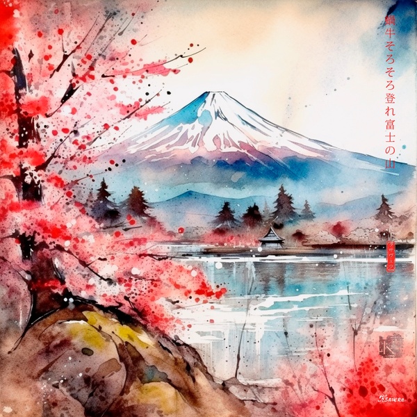Japanese Mount Fuji RJ0097 Sakura Landscape Bird River Watercolor