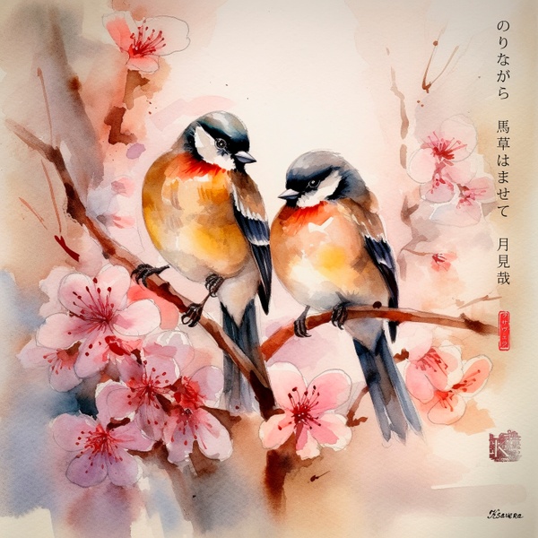 Japanese Love Birds RJ0068 Sakura Brunch Spring Landscape Sunrise Watercolor