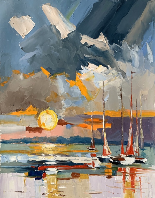 Yachts at Sunset. Ocean Seascape.