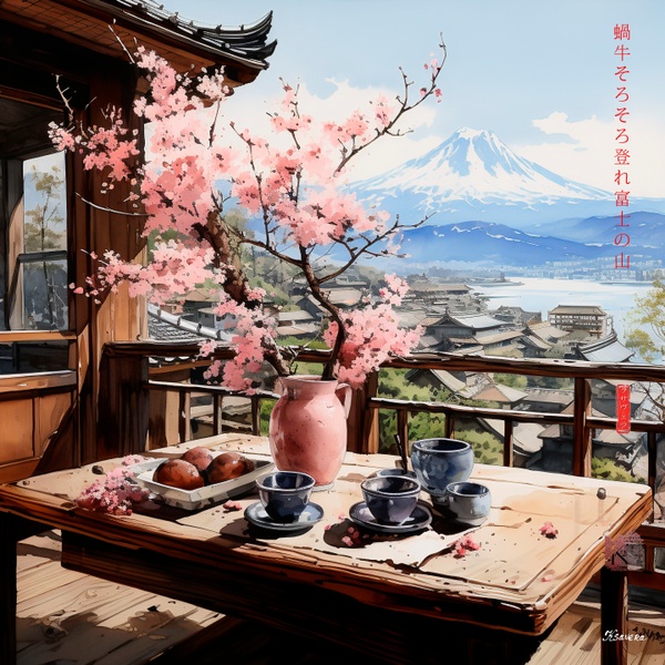 Japanese Mount Fuji RJ0096 Sakura Landscape Breakfast River Watercolor