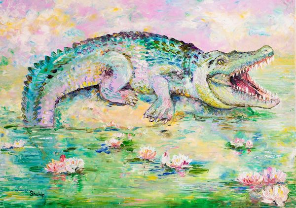 Crocodile and Water Lilies