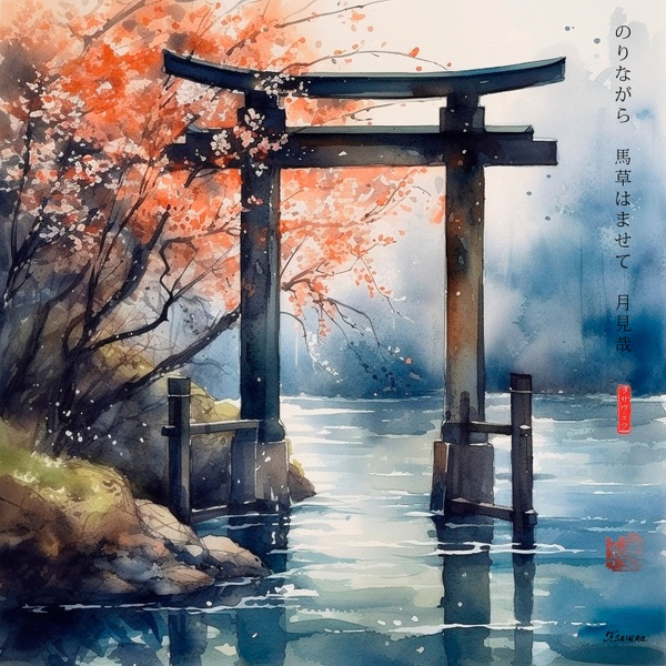 Japanese Shinto Shrine Gate Torii RJ0071 River Landscape Rain Watercolor