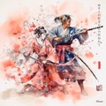 Japanese Martial Arts RJ0078 Samurai Geisha Landscape Watercolor