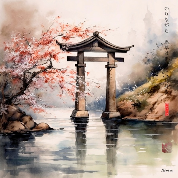 Japanese Shinto Shrine Gate Torii RJ0077 River Landscape Rain Watercolor