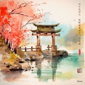 Japanese Shinto Shrine Gate Torii RJ0076 River Landscape Rain Watercolor