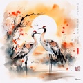 Japanese Cranes RJ0048 Landscape Sunrise Watercolor