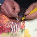 JL Lacroix adding a piece of net on his painting "Freescape"