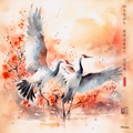 Japanese cranes RJ0051 Landscape Sunrise Watercolor