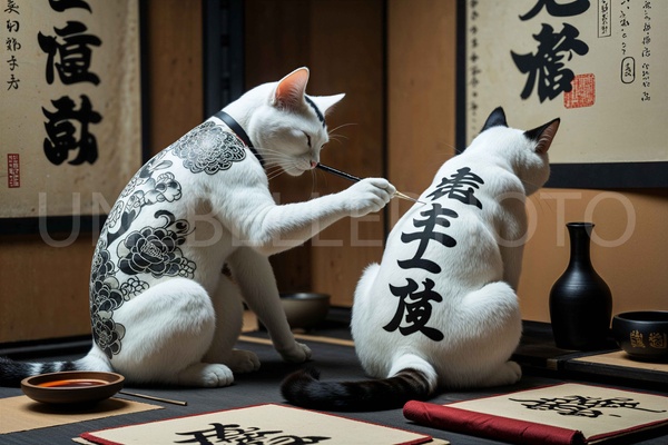 Yakuza Cats Calligraphy - Japanese Inspired Surreal Wall Art Decor -Wall Art, Home Decor, Fine Art, Interior Design, Mural Decoration.