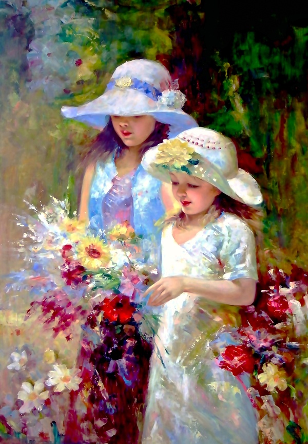 Two Young Girls Picking Flowers