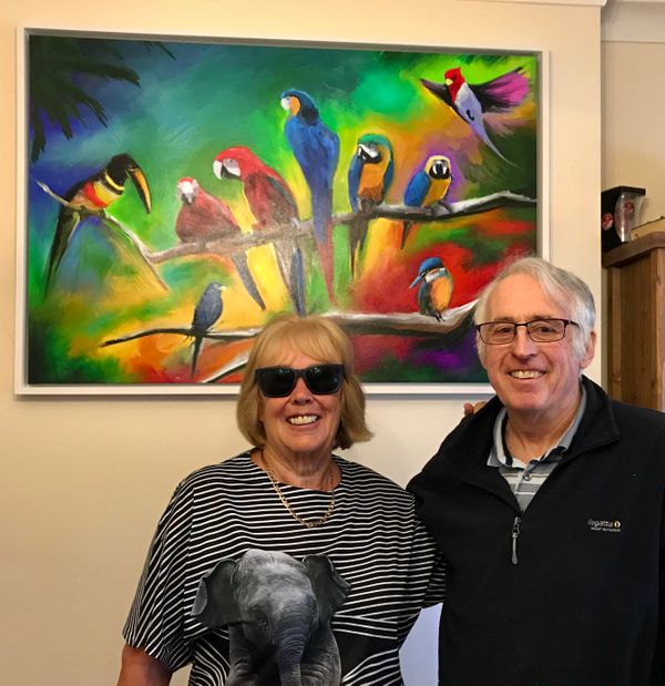 Mr & Mrs Coomber of Cardiff with 'Tropical Birds'. Acrylic 120x80cm. 