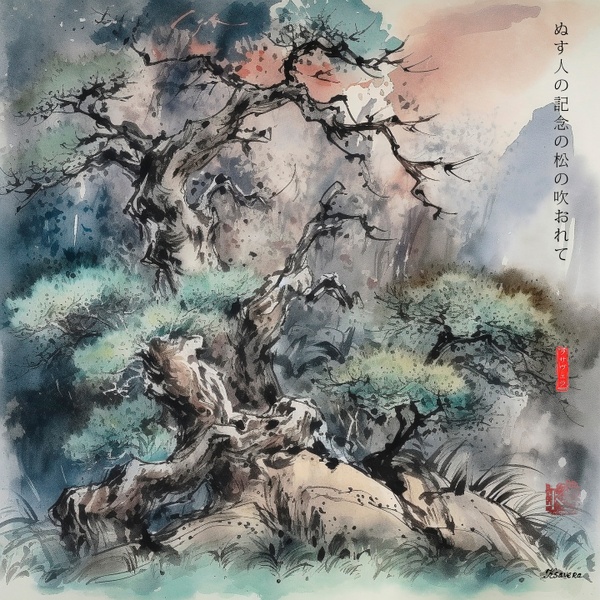Japanese Pine RJ0102 Foggy Landscape Watercolor
