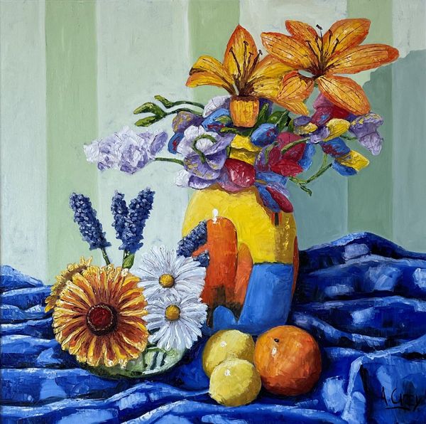 Bright Still Life Flowers and Fruit