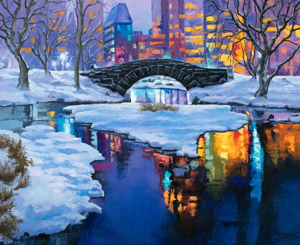 Magical Winter Night. Gapstow Bridge. Central Park.