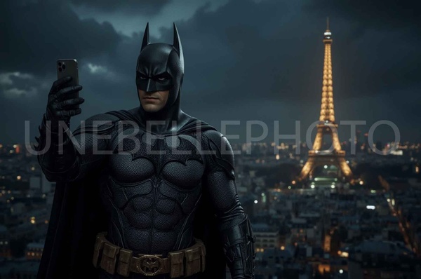 Dark Knight in Paris, Gotham Over Paris, The Eiffel Selfie, Night Watch in the City of Light, Midnight in Paris Art, Rooftop Paris View, City of Light Vigilante, Paris Skyline at Night, Heroic Paris Decor, Urban Vigilante Art.