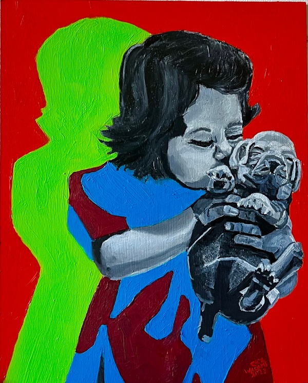 Dog Holding Girl.  Oil on panel 8 by 10 inches $45.00