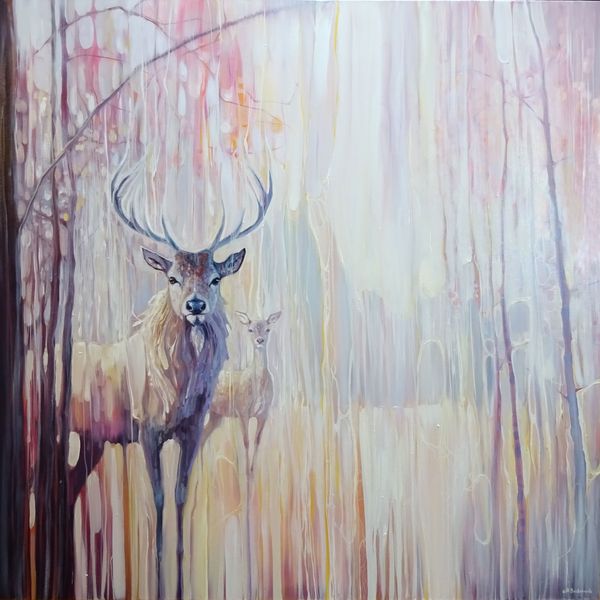 Woodland Souls - Large Winter Landscape Painting with Deer