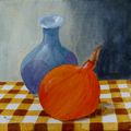 Blue Pot and Squash on a Check Cloth