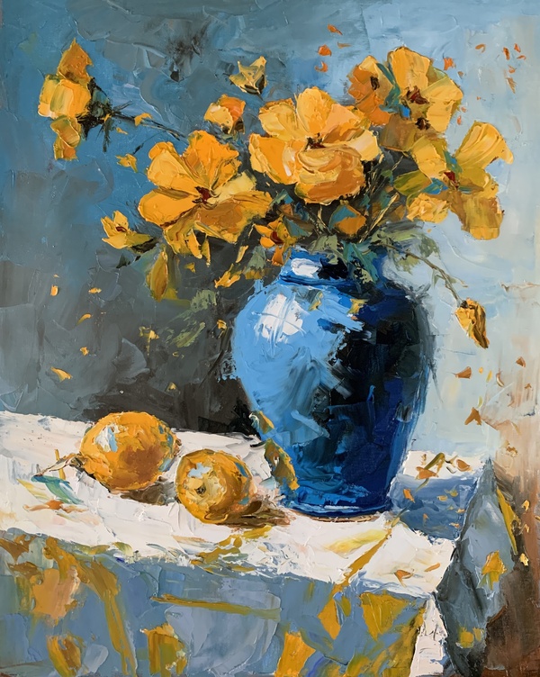 Yellow Wild Flowers in a Blue Vase