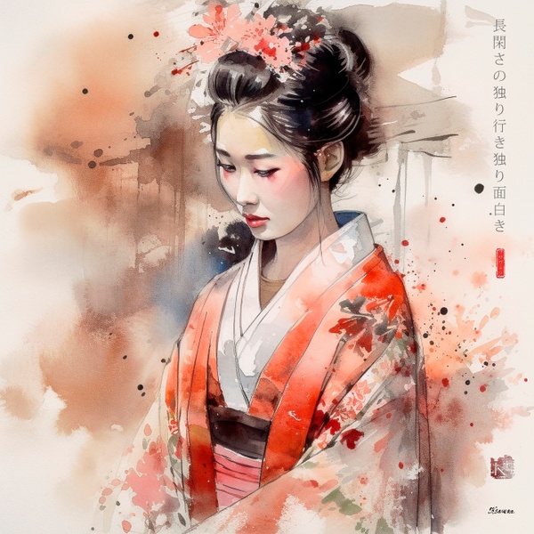 Japanese Maiko RJ0030 Girl Portrait Watercolor