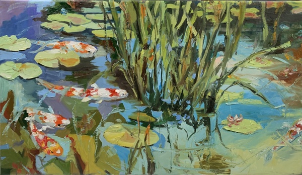 Water Lily Pond With Koi Fish