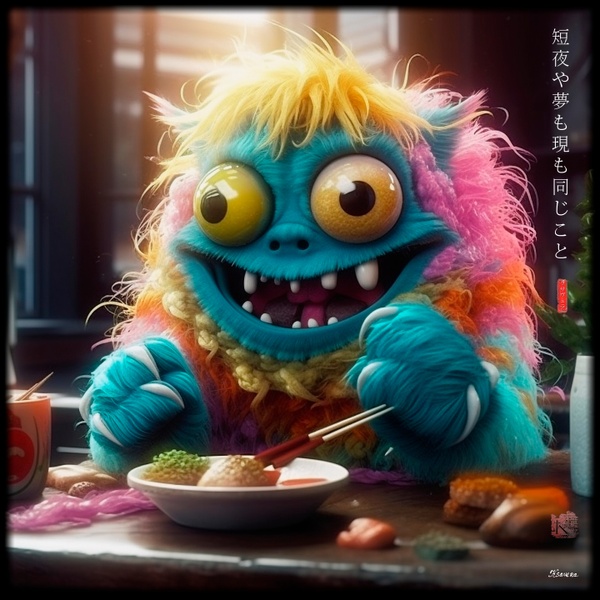 Fluffy Monster Eating Sushi RJ0015